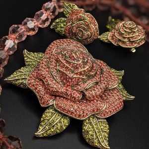 HEIDI DAUS Crystal Rose Necklace, Earrings and Brooch Set - Cottagecore Style